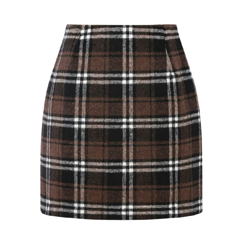 High Waist Wool Plaid Pencil Skirt Bodycon Mini Above Knee